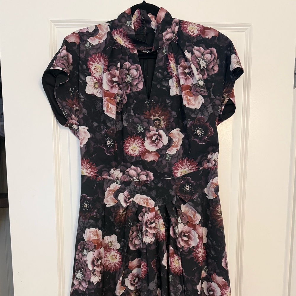 Lindy Bop Like New Floral Black and Purple Pink Vintage Style Dress